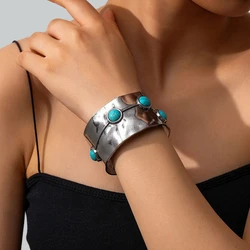 Multi Type Inlaid Imitation Turquoise Alloy Cuff Bracelet for Women New Fashion Bohemian C Shape Open Bangle Jewelry Accessories