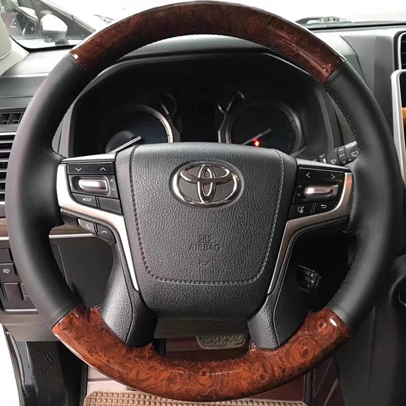 

Custom Car Steering Wheel Cover For Toyota Land Cruiser Prado Crown 2015-2019 Hand Stitched Peach wood grain leather Accessories