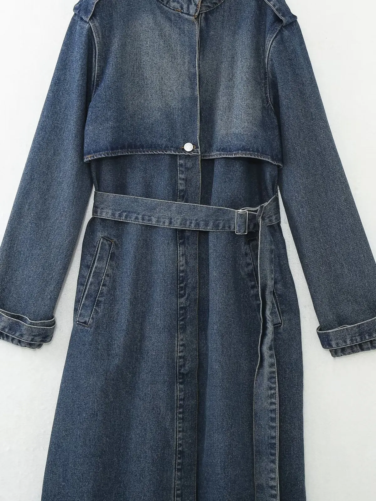 Manteau long en denim à lacets pour femmes, coupe-vent chic pour dames, col montant, mode automne