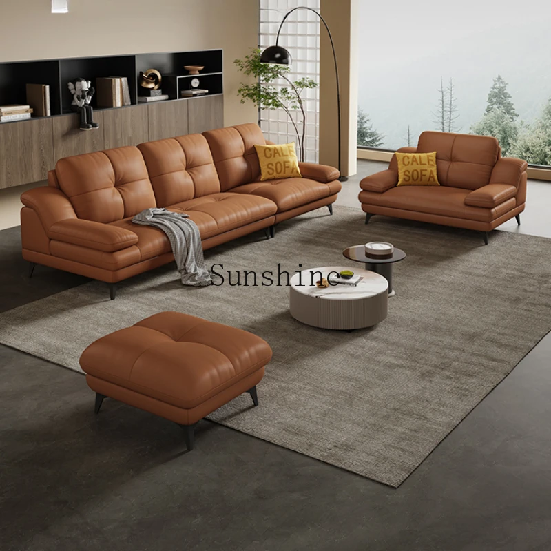 Sofa first layer cowhide living room small apartment straight row Italian cream style caramel color