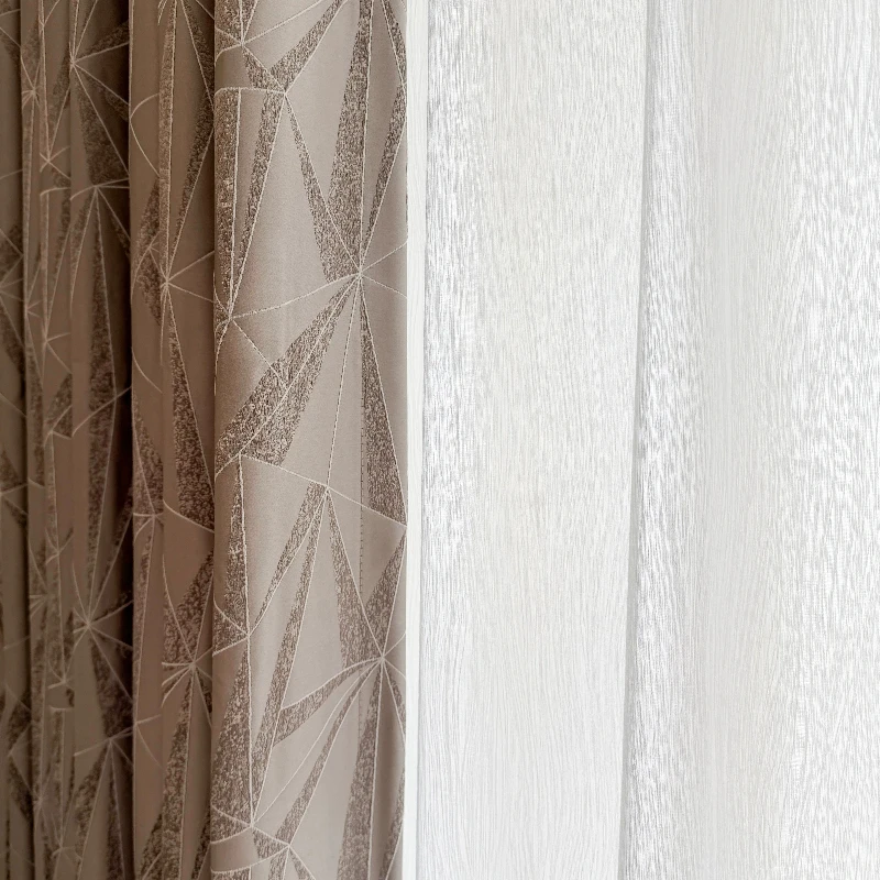 New Customized Coffee Colored Polygon Jacquard Thickened Curtains for Living Room Bedroom French Window Finished Products