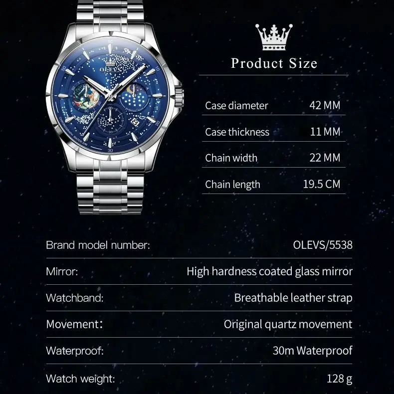 OLEVS Quartz Watch for Men Blue Starry sky Luminous Multifunctional Moon phase Stainless steel Leather Waterproof Men\'s Watches