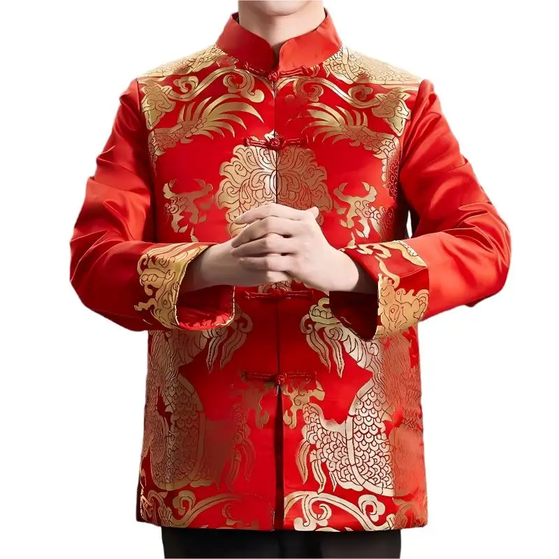 Traditional Chinese Style Men Red Wedding Coat Stand Collar Satin Tunic Suit Jacket Golden Dragon Jacquard Bridegroom Coat Loose