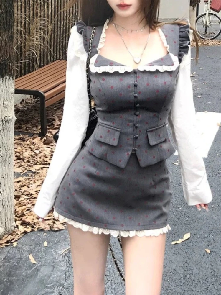 Winter Gray Vintage New Two Piece Set Women Kawaii Lace Tops + Sweet Mini Skirt Suit Korea Fashion Elegant Polka Dots Sets 2000s