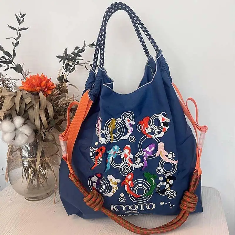 Women\'s Shoulder Bag Embroidered Ladies Casual Handbag Tote Reusable Shopping Bag