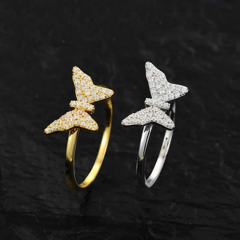 Butterfly Gold Ring for Women S925 Sterling Silver with D VVS1 Moissanite Full Diamond Party Wedding Rings Fashion Eternity Band