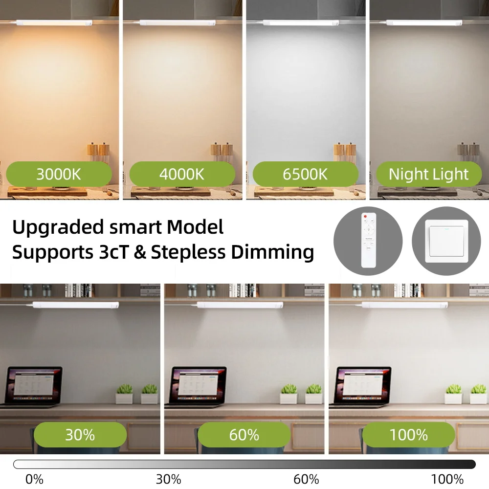 리모컨 밝기 조절 LED 튜브 조명, 110-265V LED 캐비닛 램프, 50cm 주방 옷장 램프, 가정 침실 실내 조명 욕조용
