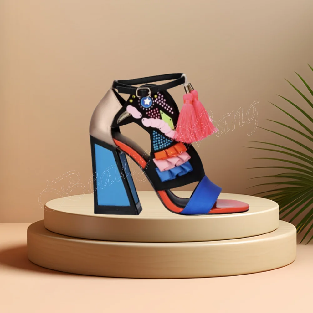 Moraima Snc Mixed Color Strange Style Sandals Open Toe Square Heel Shoes for Women High Heels Wedding Shoes Zapatillas Mujer