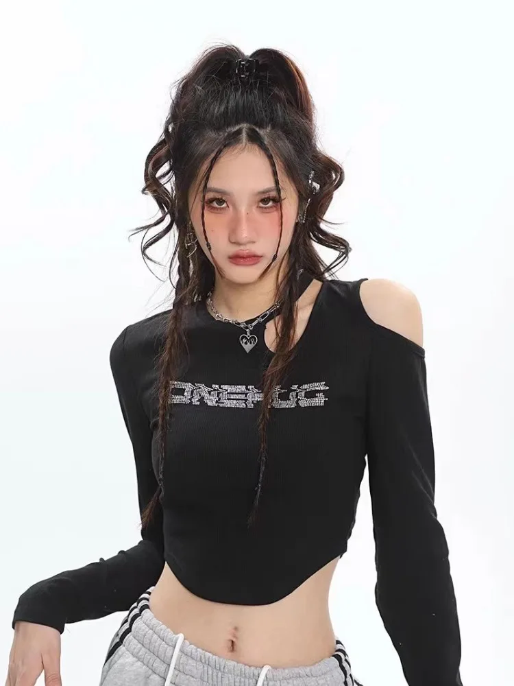 

Hikigawa Chic Fashion Streetwear Y2k Tops Women Sexy Off Shoulder Slim Jazz Clothes Letter Print Long Sleeve Cropped Tops Mujer