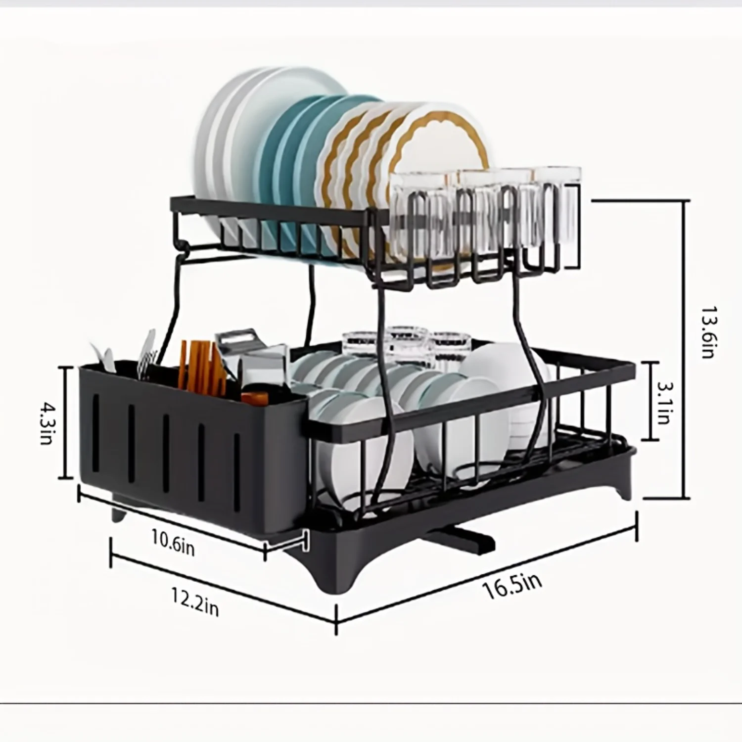 Stainless Steel Large Dish Drainer with 2 Tier Utensil Rack and Drain Board, Black Kitchen Accessories