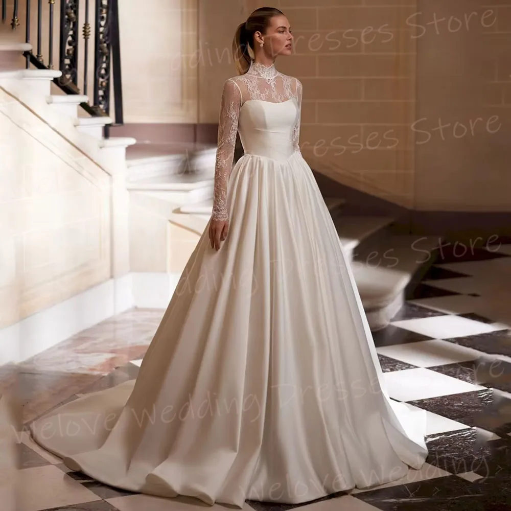 Elegant Satin A Line Women's Lace Long Sleeve High Neck Wedding Dresses Robe De Mariée Customized Bride Gowns Vestido De Novia
