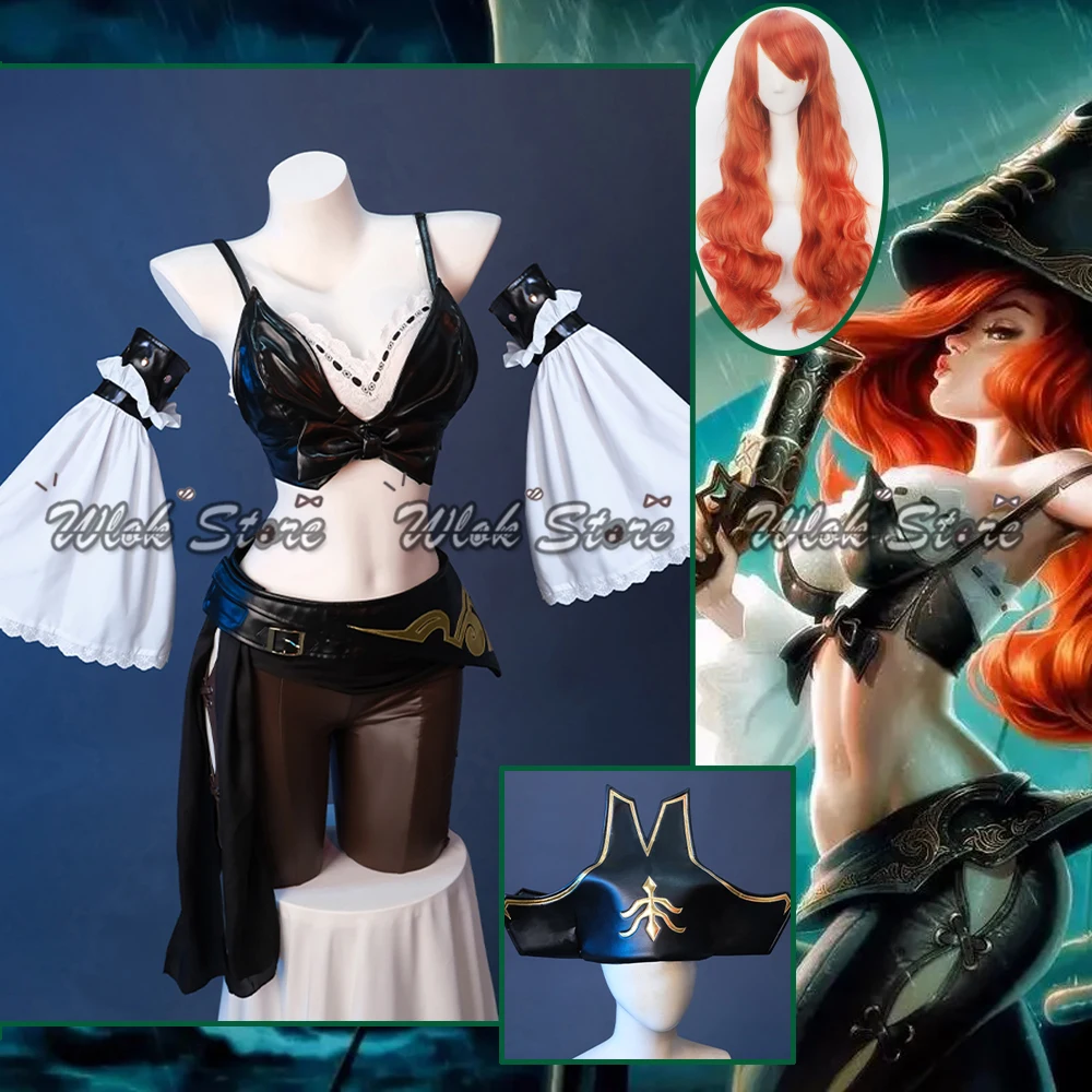 Game LOL The Bounty Hunter Miss Fortune Cosplay Costume Wig Sexy Women Halloween Party Carnival Suit Hat Red Long Curly Hair