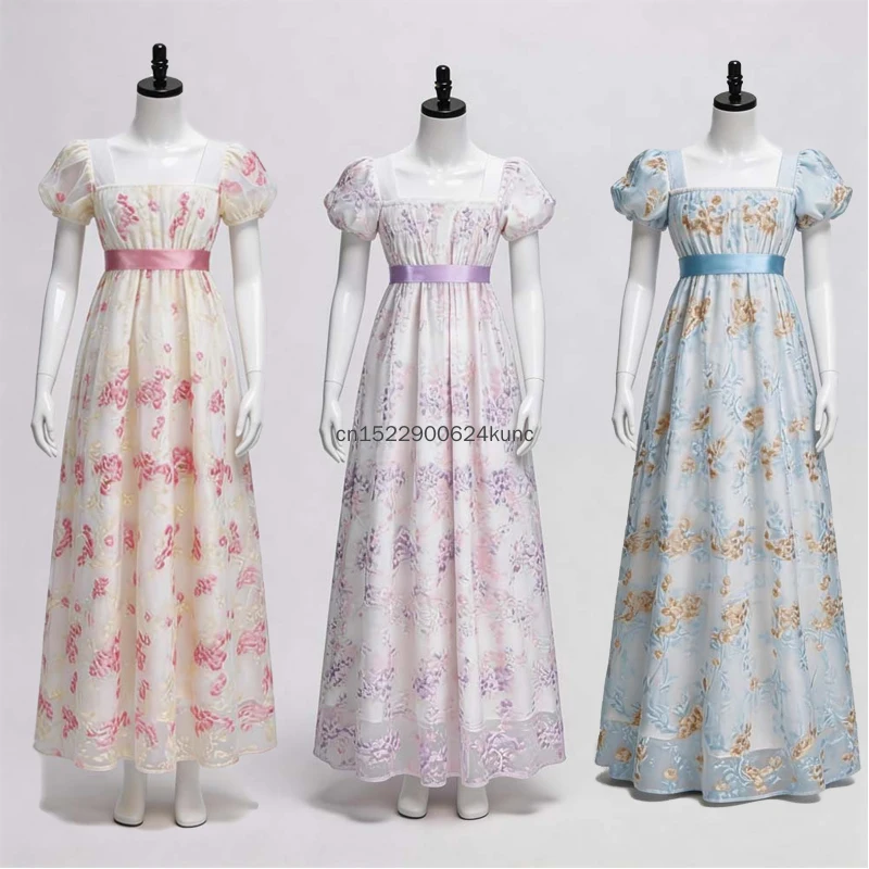 Image of Renaissance-Prinzessinnen-Kostüm aus dem 18. Jahrhundert, mittelalterliches Retro-Kleid mit quadratischem Ausschnitt, kurzen Puffärmeln, hoher Taille, A-Linie, für Teepartys