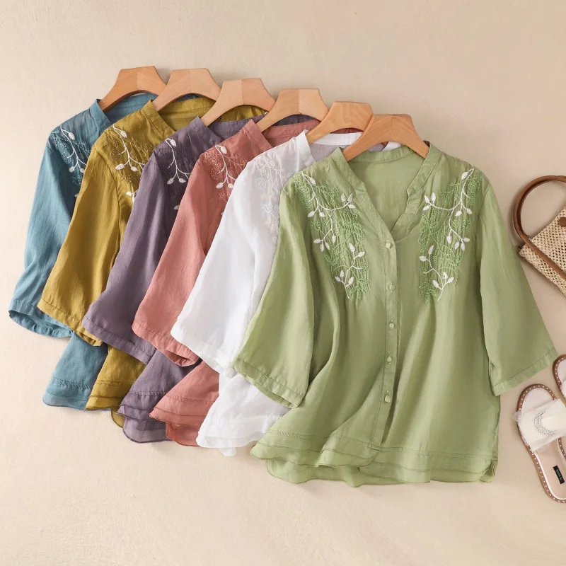 Embroidery Women\'s Shirts Summer New Chinese Style Blouses Cotton Linen V-neck Ladies Clothing 2023 Solid Loose Tops