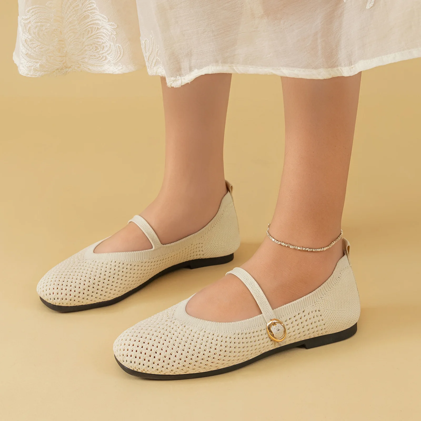 Sommerliche Damen-Mary-Jane-Schuhe mit Lochmuster, weicher flacher Sohle, leichtem Schnallenverschluss, atmungsaktiv, lässig, modisch, Ballerinas – Detail 5