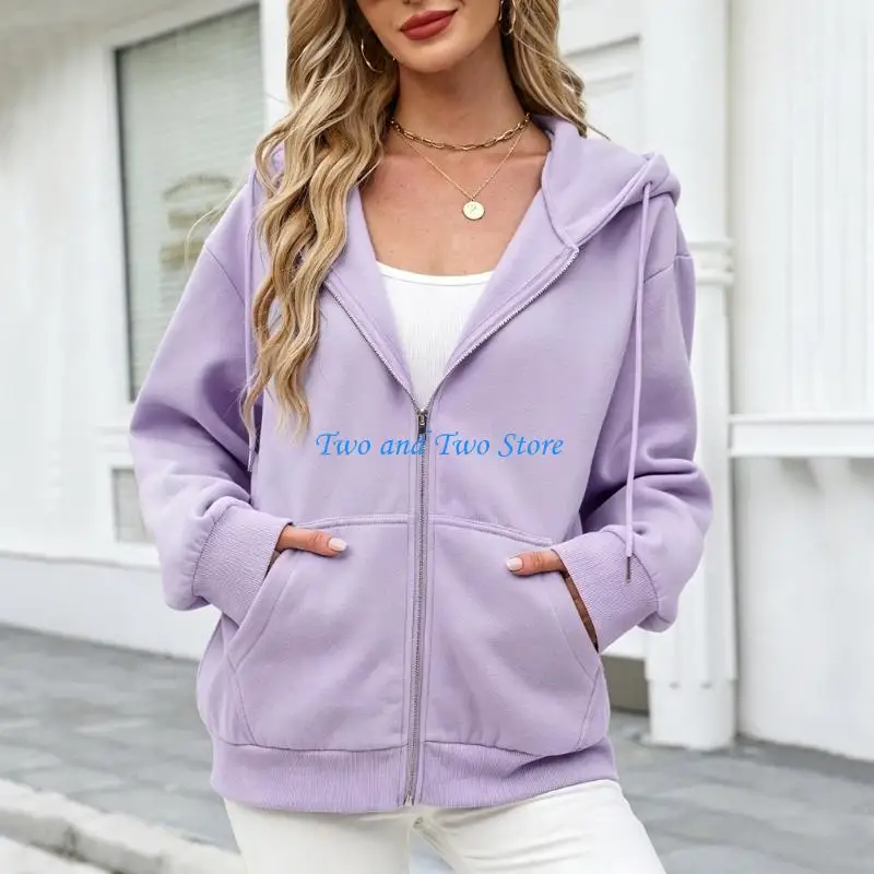 HX6F Long Sleeve Zip Up Color Oversized Hoodie Sweatshirt Coat for Women