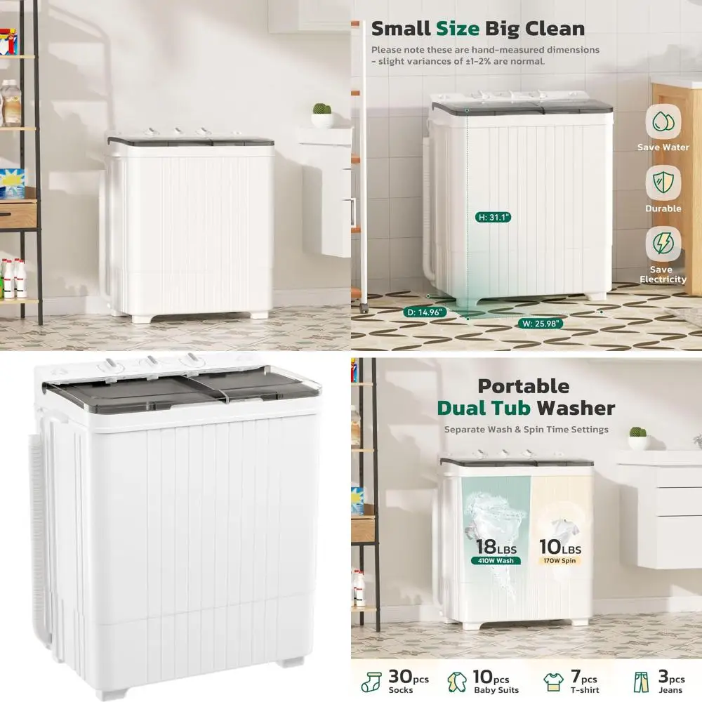 

Компактная стиральная машина с двумя баками, загрузка 18 фунтов, отжим 10 фунтов, идеально подходит для кемпинга, автодомов, общежитий - серый и белый цвета