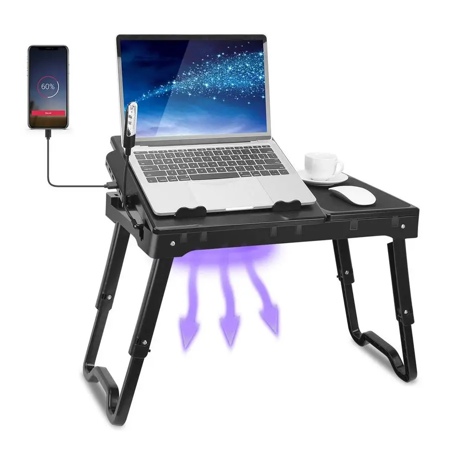 

Desk for Bed, Adjustable Table with Fan, Portable Lap Desk, Foldable Legs, Stand for Couch Sofa, Tray with LED Light, 4 USB Port