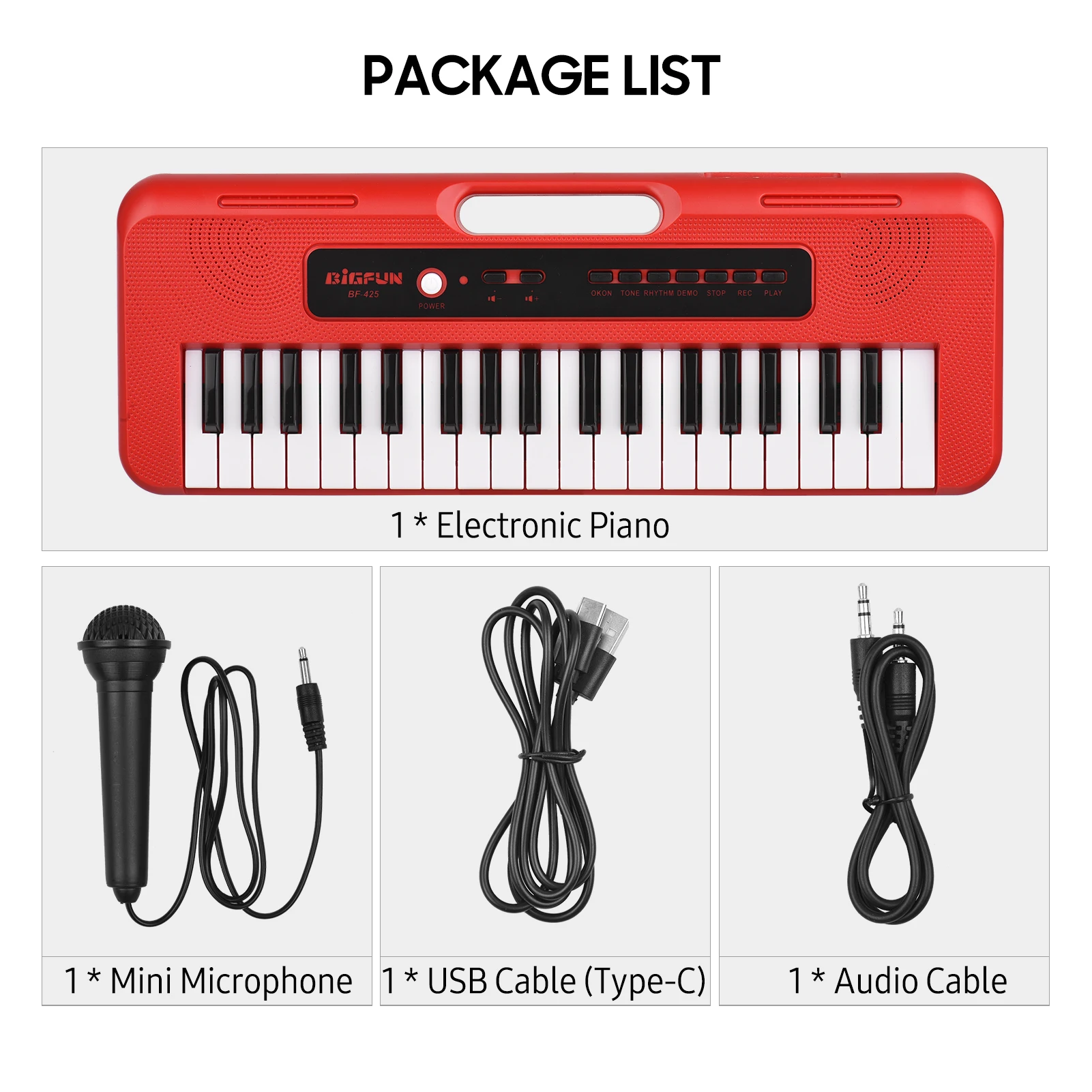 BIGFUN 37 Key Children Electronic Piano with Mini Microphone Preset 10 Demos Supports Recording Headphone/ Aux in Jack Keyboard