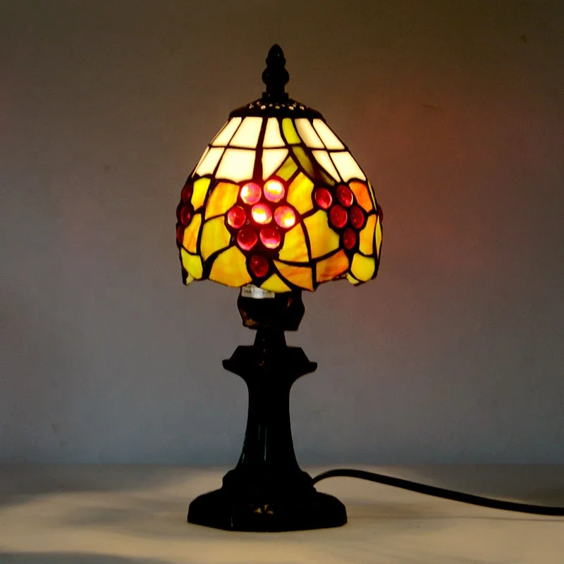 LongHuiJing Handcrafted Tiffany Art Table Lamps Mini Grape Stained Glass Lampshade Desk Light With Antique Base