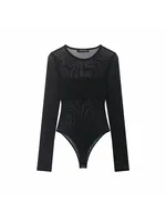 Women Sexy Mesh See Through Bodysuit Women Long Sleeve Sheer Bodysuits O Neck Bodycon Jumpsuit Female Romper - Image 4