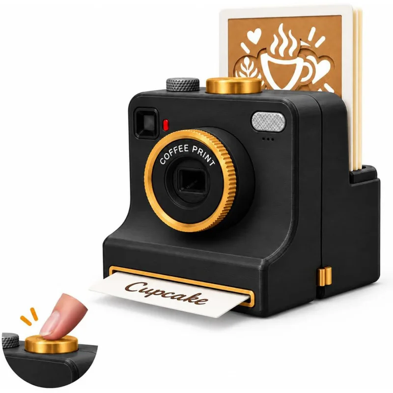 One-Touch Latte Art Camera 3D Printed Coffee Printer Vintage Mini Instant Camera Style 4 Replaceable Stencil Cards Decor Tools