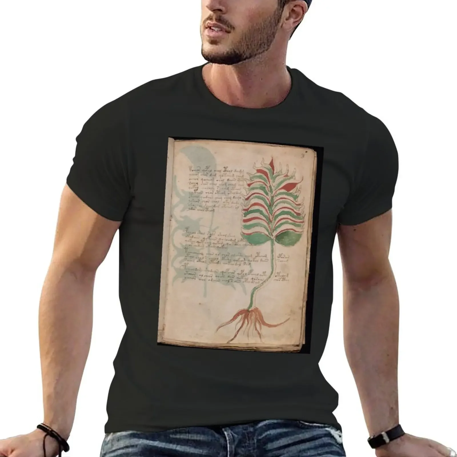 Voynich manuscript book cover Illustrated codex green leaves T-Shirt graphic shirts baggy shirts anime clothes t shirts for men