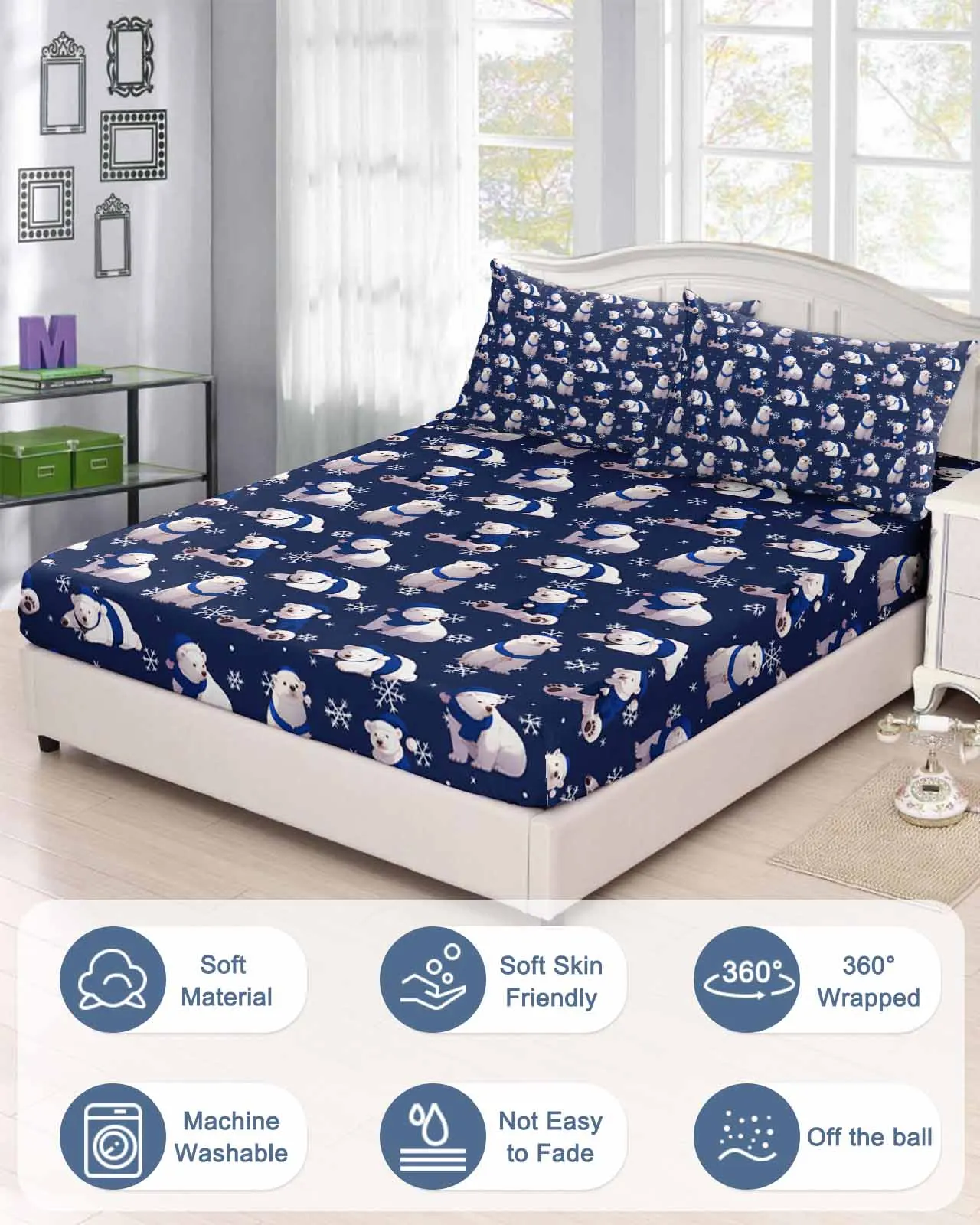 Winter Polar Bear Texture Blue Polyester Fitted Sheet Mattress Cover Four Corners Elastic Band Bed Sheet Pilllowcase