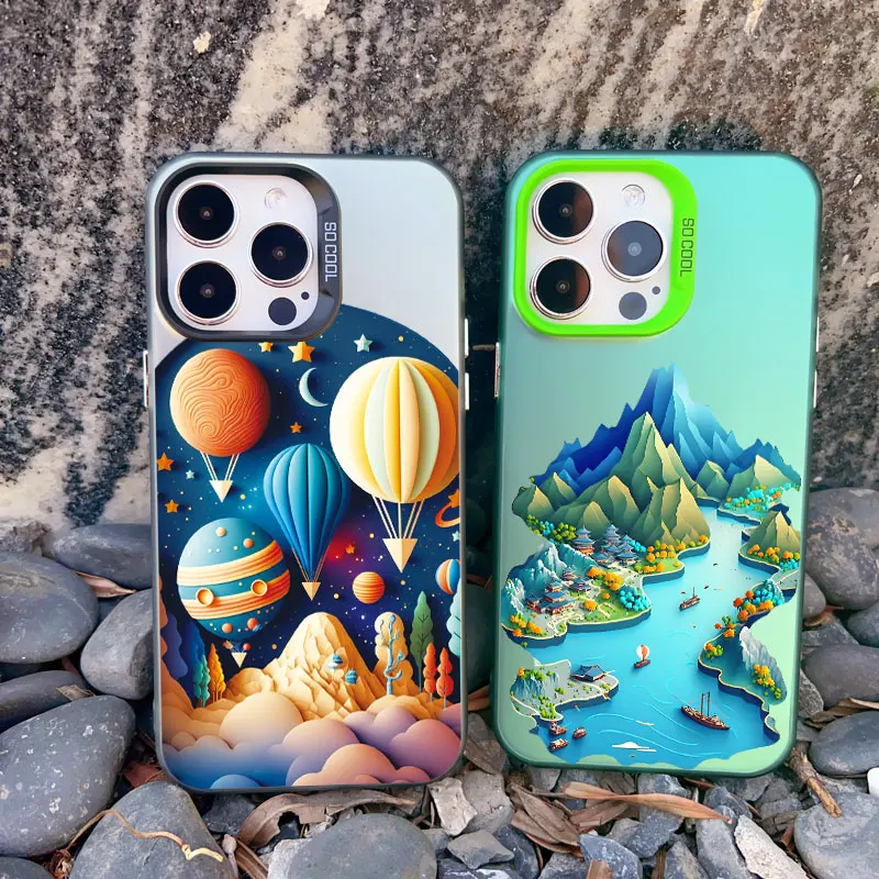 Landscape phone case For iPhone 14 15 16 Plus Pro 11 12 13 Pro Max Mini Creative Mountains And Rivers Matte Laser Back Covers