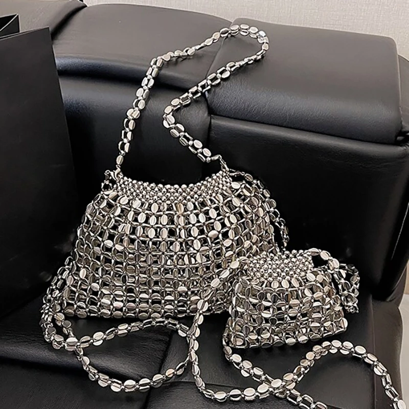 Fashion Popular Unique Design Sense Hollow Shine Crossbody Bag Niche Versatile Silver Sequin Beaded Chain Bag For Women