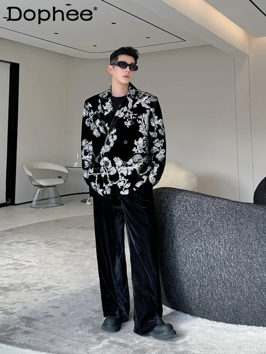 Spring 2024 Men's Suit New Chinese Style Embroidered Sequins Suit Men's Wide Leg Trousers Handsome Trendy Two-Piece Sets