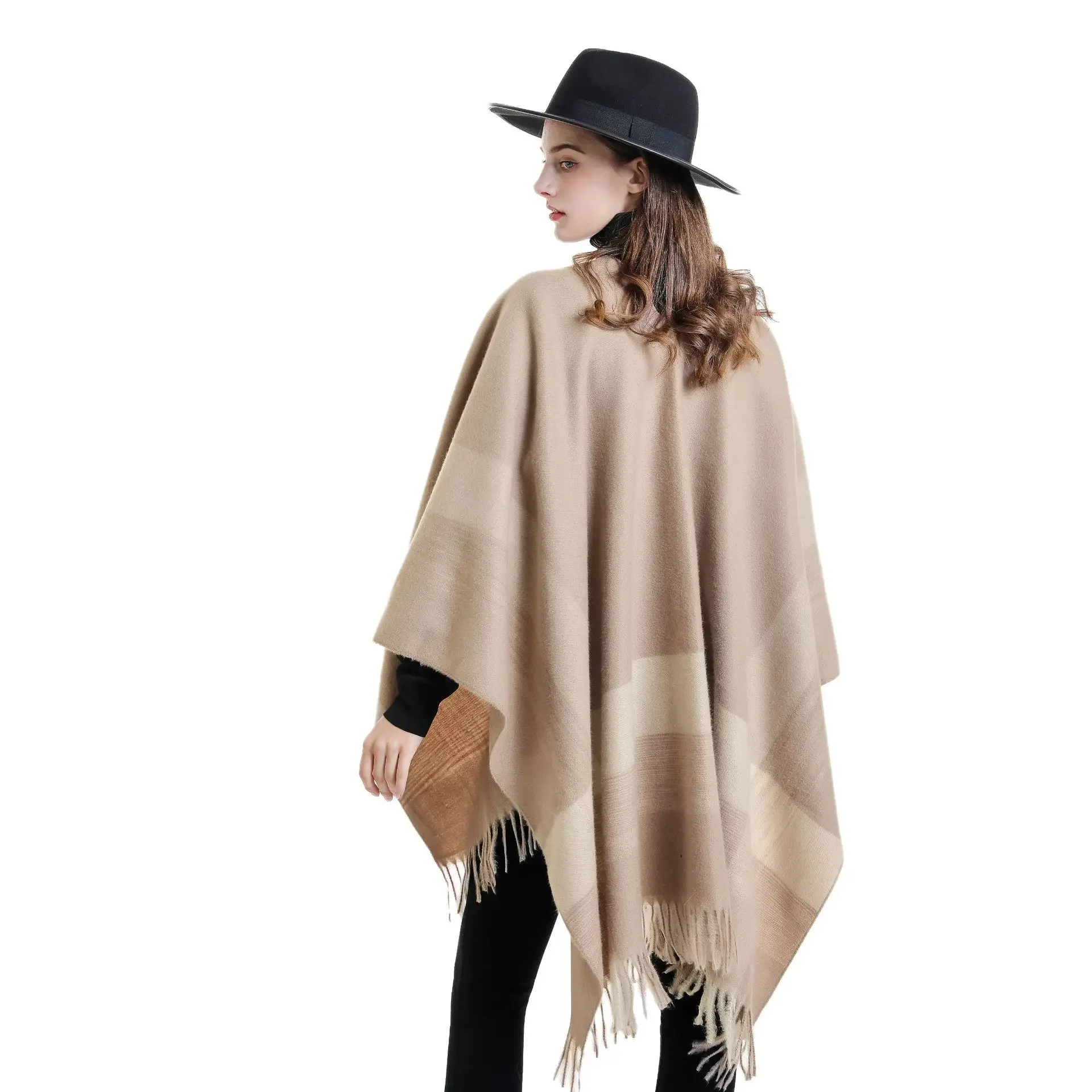 Châle chaud à carreaux pour femme, cape poncho, long, fendu, rue Everak, automne, hiver