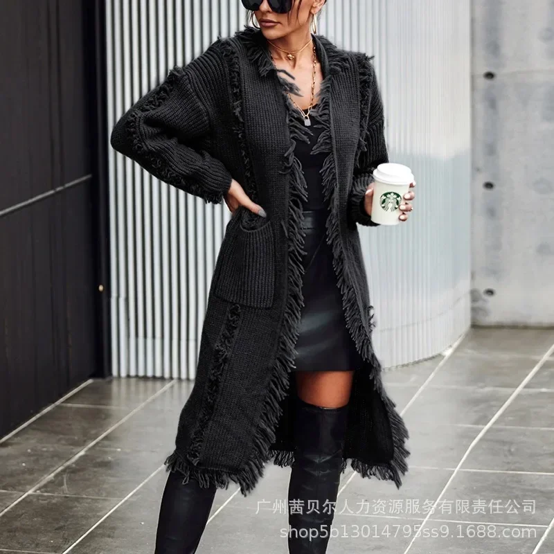 2024 Autumn Winter New Women\'s Lapel Tassel Long Knitted Coat Casual Fashion Top Coat