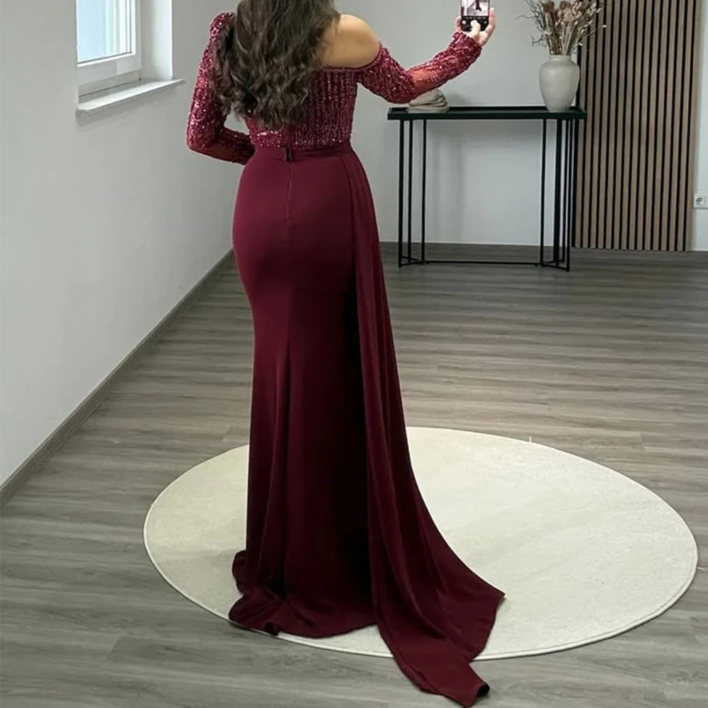 Burgundy Mermaid Evening Dress Beading Illusion Long Sleeve Off the Shoulder Customized Banquet شارون سعيد فساتين سهره New