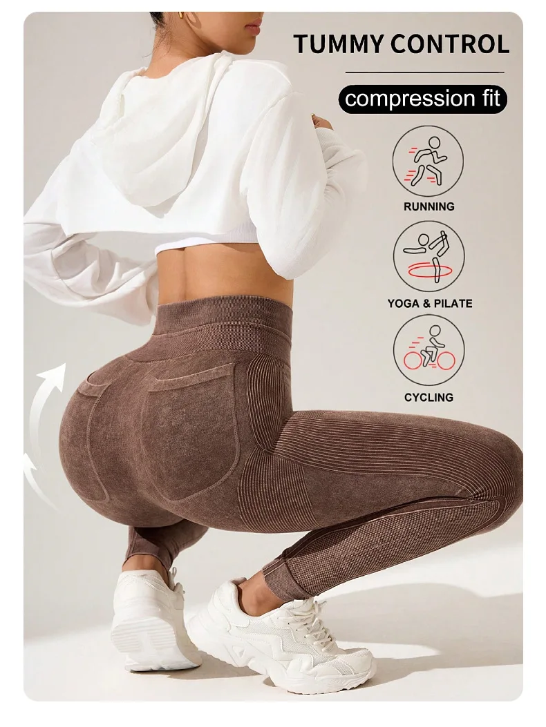 Damen Schnelltrocknende Yoga-Leggings mit Taschen, Hoher Taille, Po-Lifting-Effekt, Strukturierte Hüftformende Lauf- und Fitness-Sporthose – Detail 18