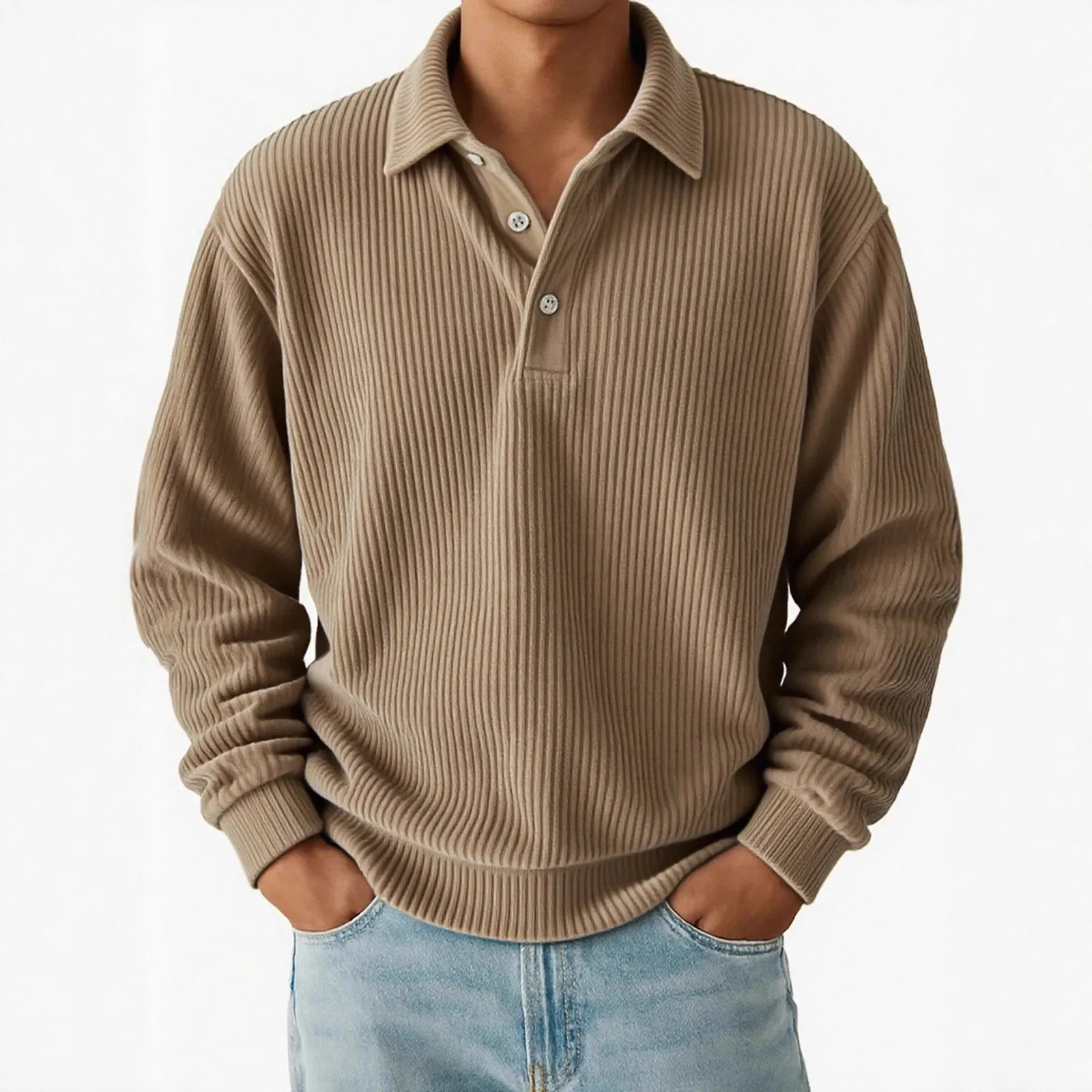 2025 Autumn/Winter Men's Polo Shirt Retro Casual Corduroy Top Striped Trendy Comfortable breathable Outdoor Long Sleeve