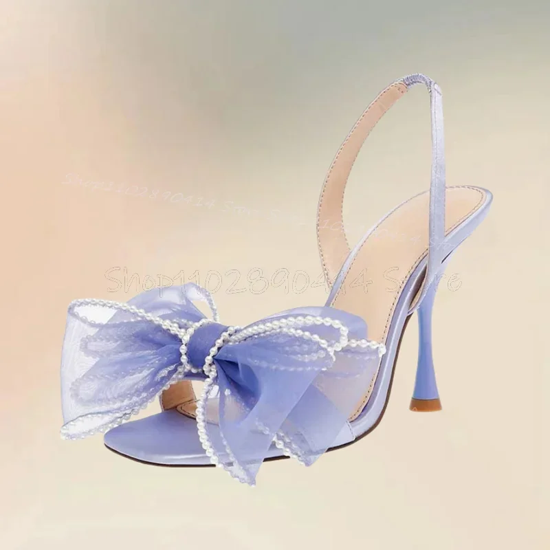 

Purple Mesh Bow Knot Pearl Decor Open Toe Sandals Slip On Women Shoes Thin High Heels Fashion Banquet 2025 Zapatos Para Mujere