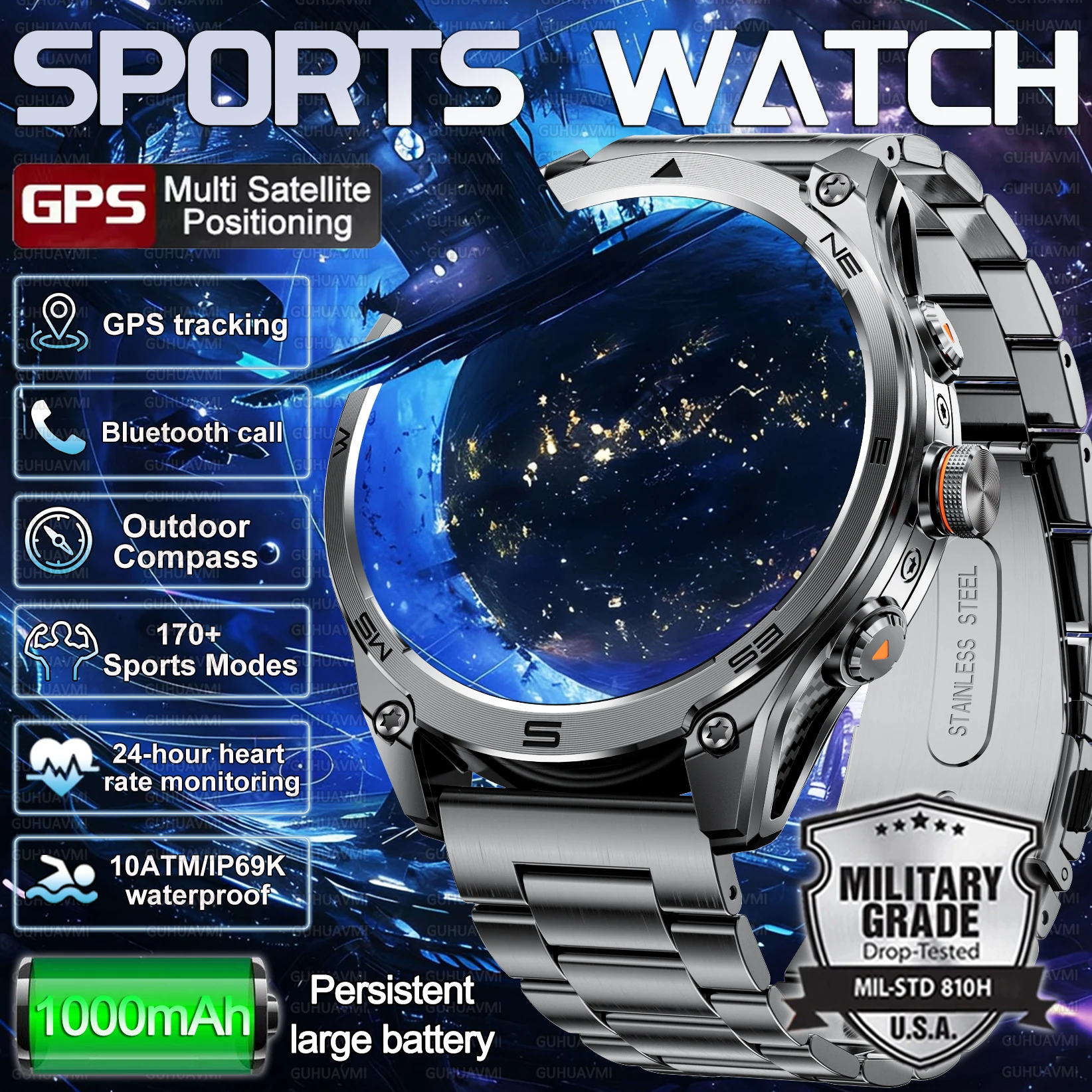 

Новинка 2025 года, военные GPS-спортивные умные часы с 3D Vision, 10 АТМ, водонепроницаемые, встроенные, двухдиапазонные, GPS-компас, альтиметр, мужские часы для плавания