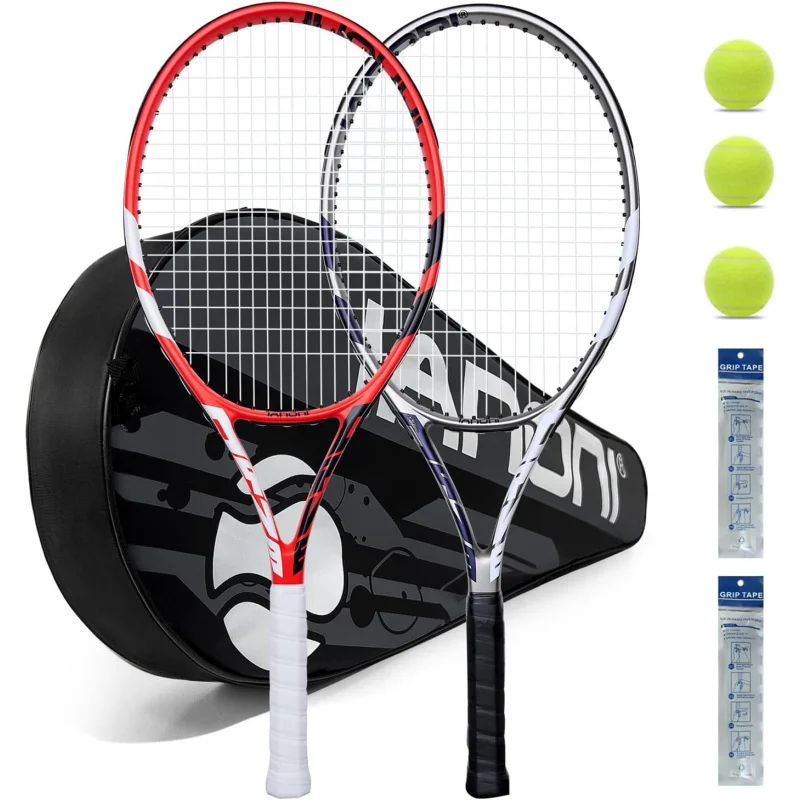 Raket tenis untuk dewasa, raket tenis pre-strung 27 inci-2 pemain raket tenis Set dengan 3 bola, 2 pegangan, 2 peredam getaran