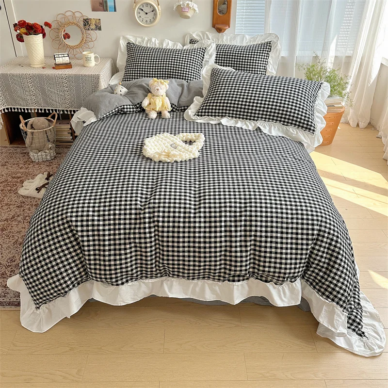 3-teiliges rot, schwarz kariertes Bettbezug-Set (1 x Bettbezug + 2 x Kissenbezug, ohne Kern), Bettwäsche-Set mit Spitzenstickerei – Detail 8
