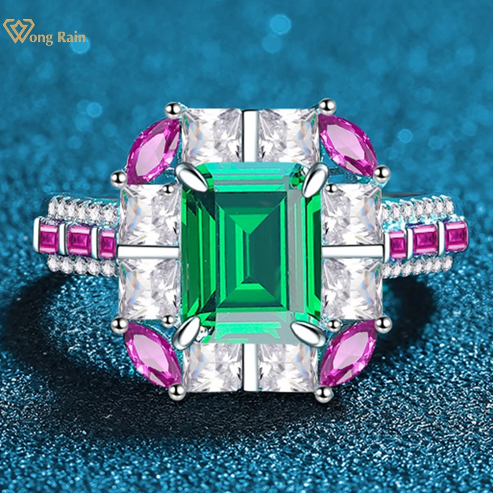 Wong Rain Vintage 100% 925 Sterling Silver 7*9 MM Emerald High Carbon Diamond Gemstone Ring for Women Wedding Engagement Jewelry