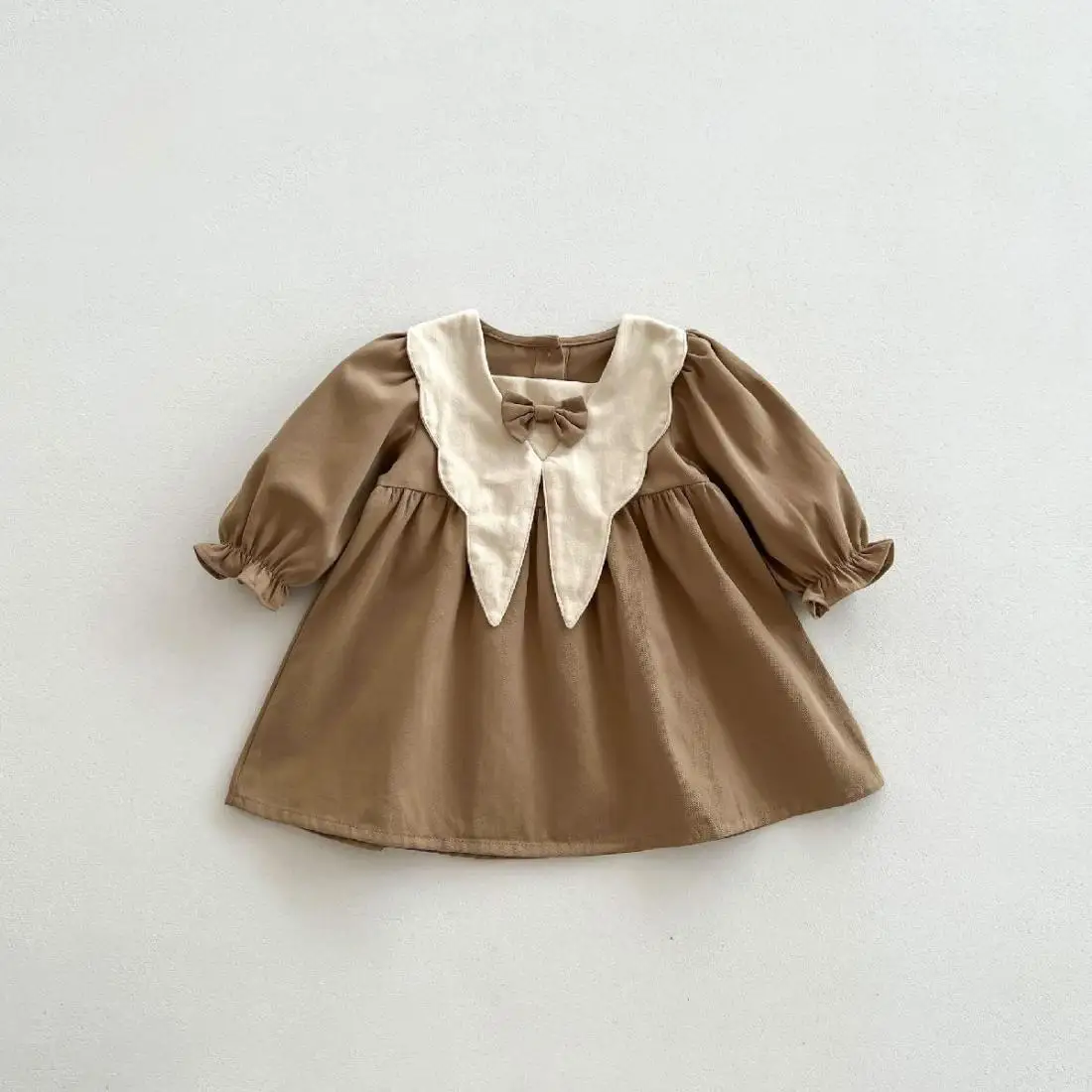 

73-120CM Baby Girl Autumn Dress Cotton New Style Children's Retro Long Sleeved Bow Princess Dress
