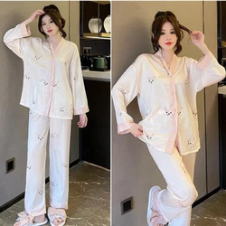 Maternity 2-Piece Set of Ice Silk Pajamas Comfortable Silk Long-Sleeved Trousers Herringbone Pattern Jacquard Silk Loungewear