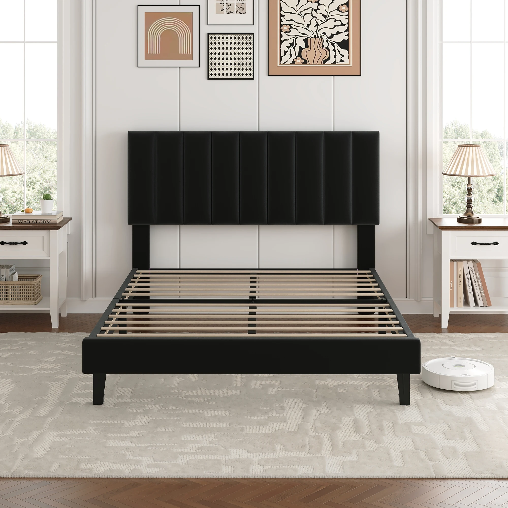 Velvet Upholstered Platform Bed Frame with Adjustable Vertical Channel-Tufted Headboard, Wooden Slat Support, Noise-Free, No Box Spring Needed - Multiple Colors/Sizes