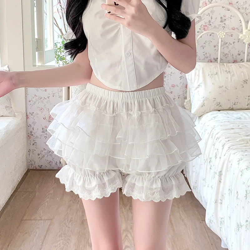 

White Lace Ruffles Lolita Safety Shorts Women Kawaii Panties Underwear Gothic Fluffy Pantskirt Girly Vintage Victorian Bloomers