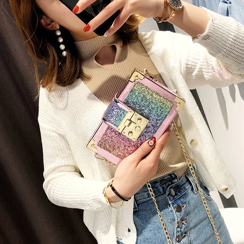 New Style Women\'s Small Square Bag Korean Fashion Sequins Small Box Cool and Easy Single Shoulder Bag Charming Chain