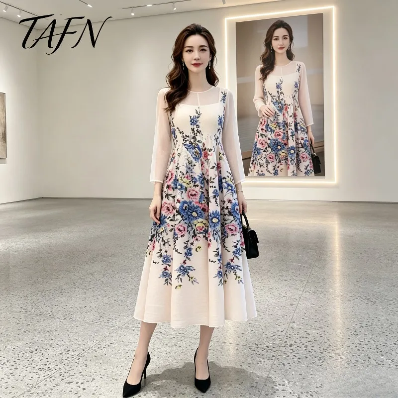 Miyake Pleated 2026 New Spring and Autumn Round Neck Printed Women's Three-Quarter Sleeve Fashionable Loose Pleated Dress Pleat