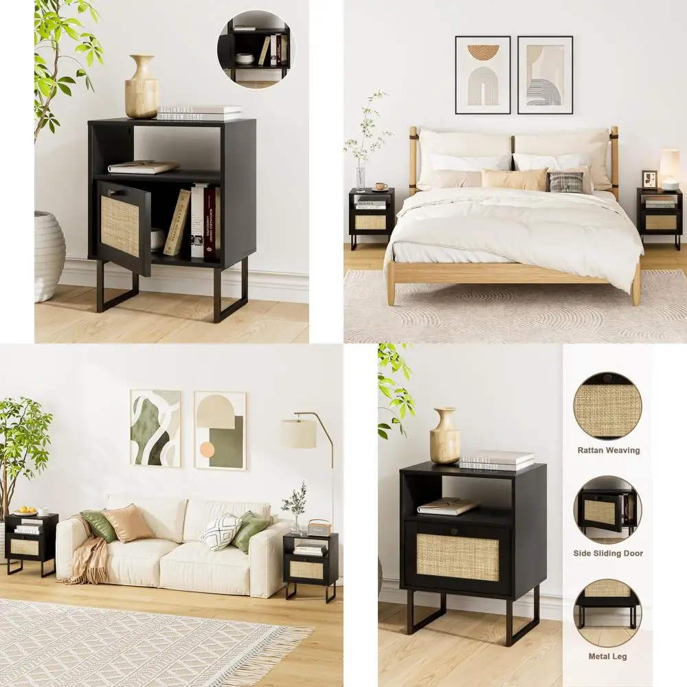 

Farmhouse Style Rattan Nightstand with Storage and Shelf, Boho Wood Accent Table for Bedroom or Living Room in Black