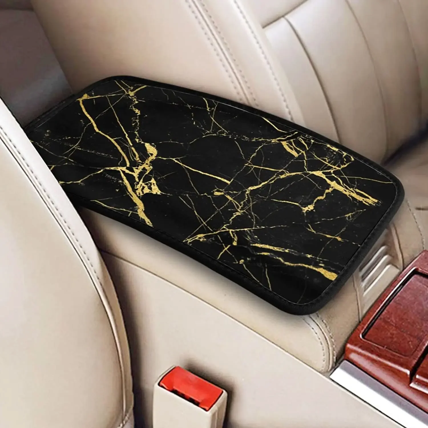 Vehicle Center Console Armrest Cover Pad, Black Gold Marble Soft Comfort Car Handrail Box Cushion Universal Fit for Most Auto, V