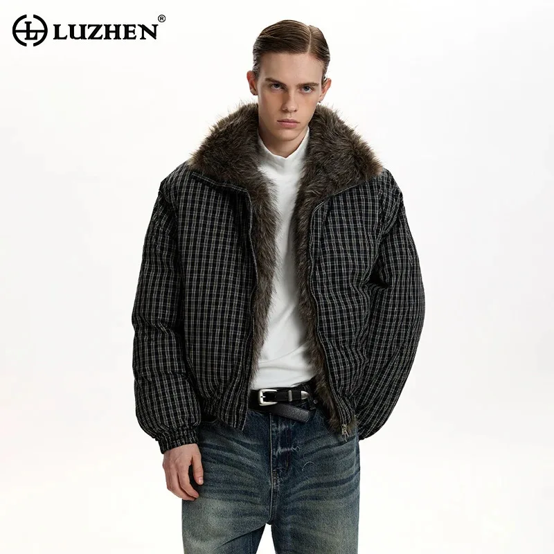 

LUZHEN 2025 Winter New Plaid Printed Thickened Warm Padded Coat Men's Fashion Fur Patchwork Neck Handsome Parka Clothes JY5259